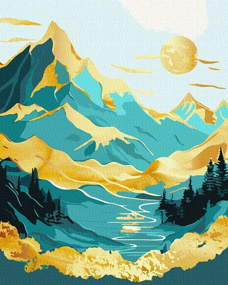 Картина за номерами — Схід сонця в горах із фарбами металік extra 40х50см