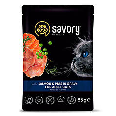 Savory Пауч для дорослих котів  з лососем  та горошком у соусі,85г