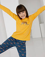 Пижама для девочки трикотажная хлопковая кофта с длинным рукавом и штаны с рисунком желтая 8-9, 10-11, 12-13