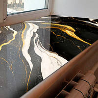 Покрытие для подоконника, мягкое стекло с фотопечатью под Черный мрамор с золотом 35х100 см