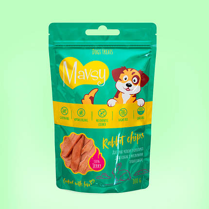 Ласощі для собак Mavsy чіпси з кроліка | Mavsy Dried Rabbit Chip 100 грам, фото 2