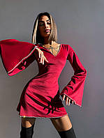 Бархатное женское мини платье декорованое стразами и рукавами клеш Smb8771