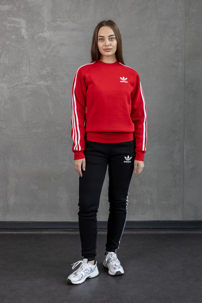 Жіночий зимовий спортивний костюм Adidas червоний з лампасами без капюшона Комплект Адідас на флісі (G)