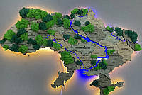 Карта Украины из дерева с подсветкой рек и по контуру и мхом Light tree 90х60 см