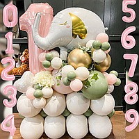 Набор воздушных шаров с цифрой на выбор и подставкой Слоник Розовый и фисташка