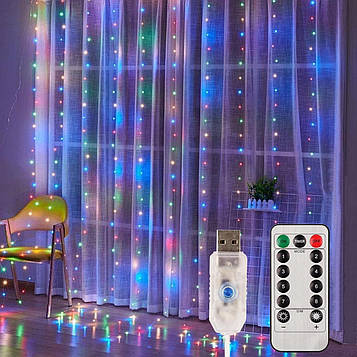 Штора світлодіодна гірлянда крапля роси Rainbow 3 х 3 метри з пультом від USB від ПАВЕРБАНКА
