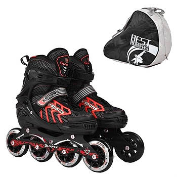 Ролики дитячі (39-42 розмір, колеса PU) 90633-L Чорно-червоні | Роликові ковзани розсувні