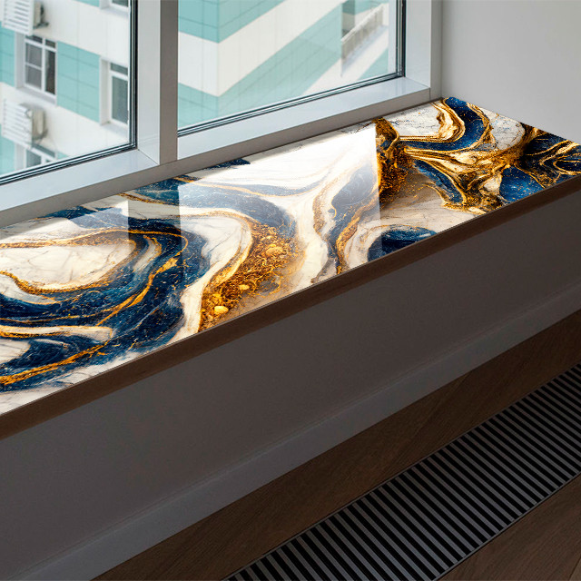 Покриття для підвіконня, м’яке скло з фотодруком під мармур Біло-синій із золотом 35х100 см