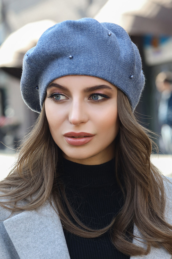 Жіночий берет в'язаний, весна-осінь «Алеста» джинсовий