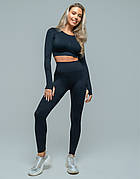 Комплект двійка: лосини з ефектом пуш-ап та рашгард з вирізом під палець S, Чорний