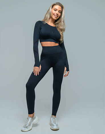 Комплект двійка: лосини з ефектом пуш-ап та рашгард з вирізом під палець S, Чорний, фото 1