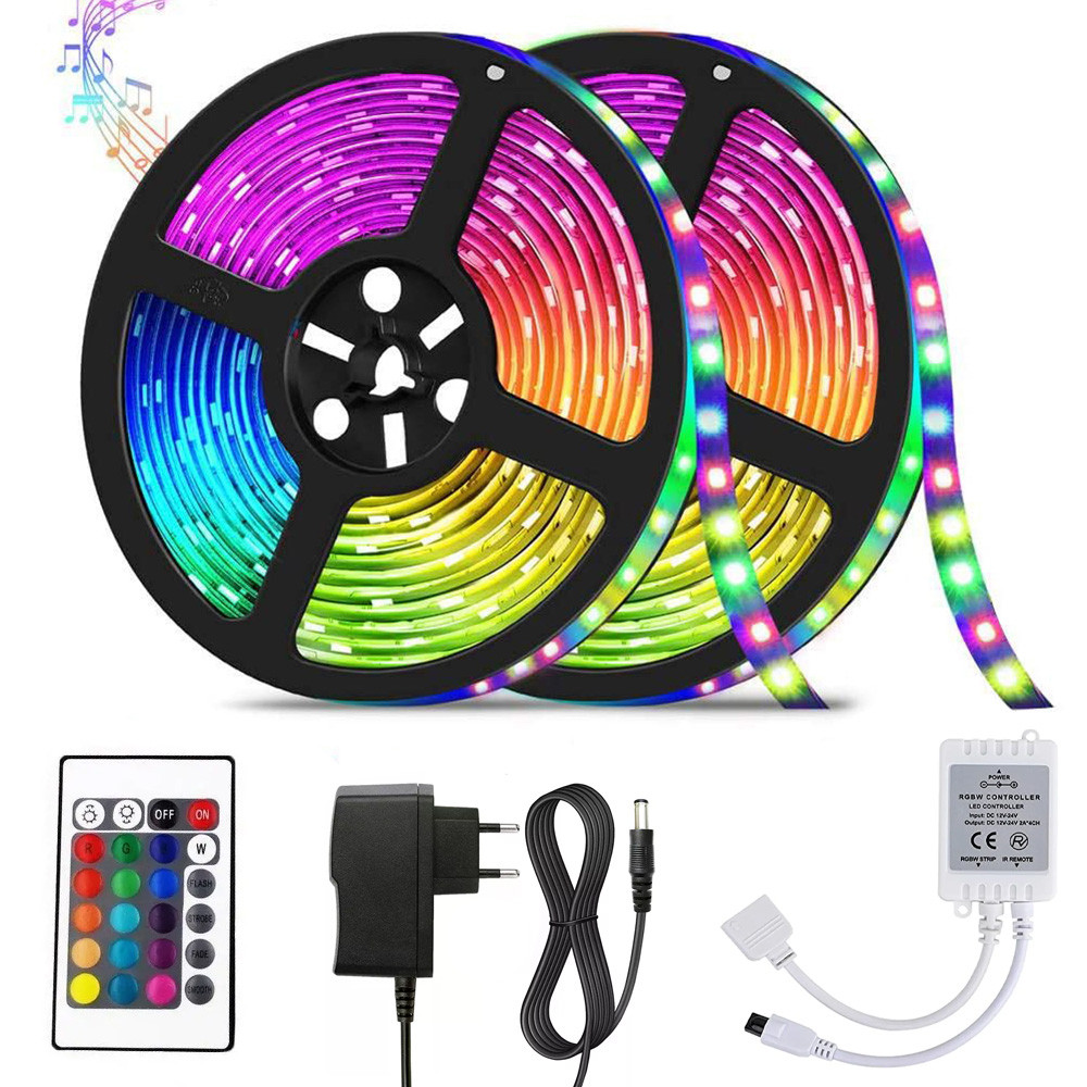 Комплект 2 шт Світлодіодна RGB стрічка 5м 3528 + пульт + блок / Неонове багатобарвне підсвічування від мережі, фото 1