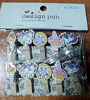 Прищіпка декоративна No1901 "Десерти та єдинороги" дерев'яні 3,5 см набір 10 шт. + мотузочка