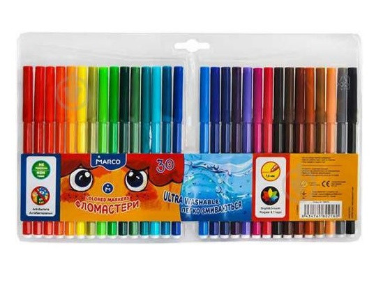 Фломастери кольорові Marco Марко 30 кольорів 1,0 мм 1690-30FM (легко змиваються), фото 1