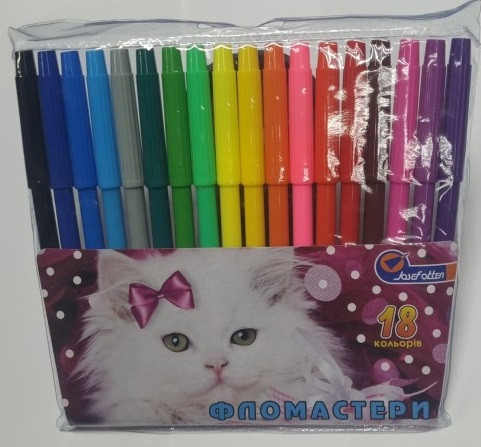 Фломастери 18 кольорів No828-18LB Котик ПВХ, фото 1