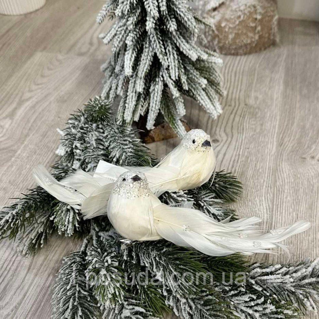 Білі пташки на кліпсі 18см новорічний декор