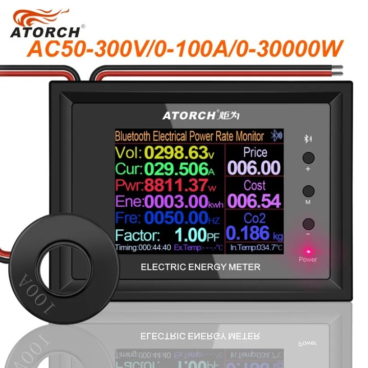 Вольтметр, ватметр, амперметр ATORCH AT24 з Bluetooth (AC50-300V/0-100A/0-30KW) з трансформатором струму кільце