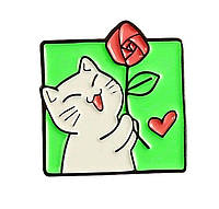 Зеленый. Кошка с цветком значок. Булавка.Брошь.Котики.Милые котики.Эмаль значки.Модный аксессуар. Пины на одежду.