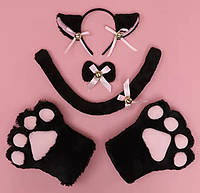 Набор: кошачьи ободок Ушки Хвост Чокер Рукавички черные, костюм карнавальный, нарядный кот, аниме, косплей