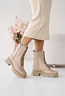 Ботинки зимние женские бежевые стильные из натуральной кожи на шнуровке размеры 36,37,38,39,40,41