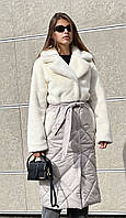 Зимнее комбинированное стильное пальто шуба верх белый мех стеганая плащевка на поясе больших размеров белое