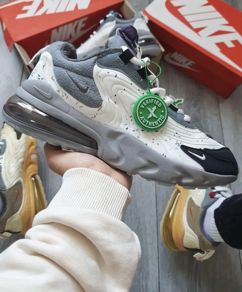 Чоловічі Кросівки Nike Air Max 270 React x Travis Scott / Найк Аїр Макс 270 Реакт Тревіс Скотт Білі із Сірим