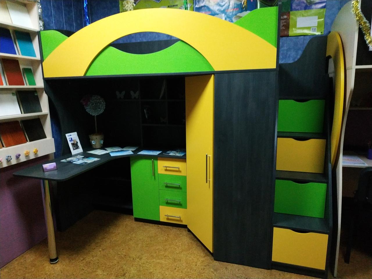 Дитяче ліжко-горище з робочою зоною, кутовим шафою, тумбою і сходами-комодом КЛ21-13 ЕКО