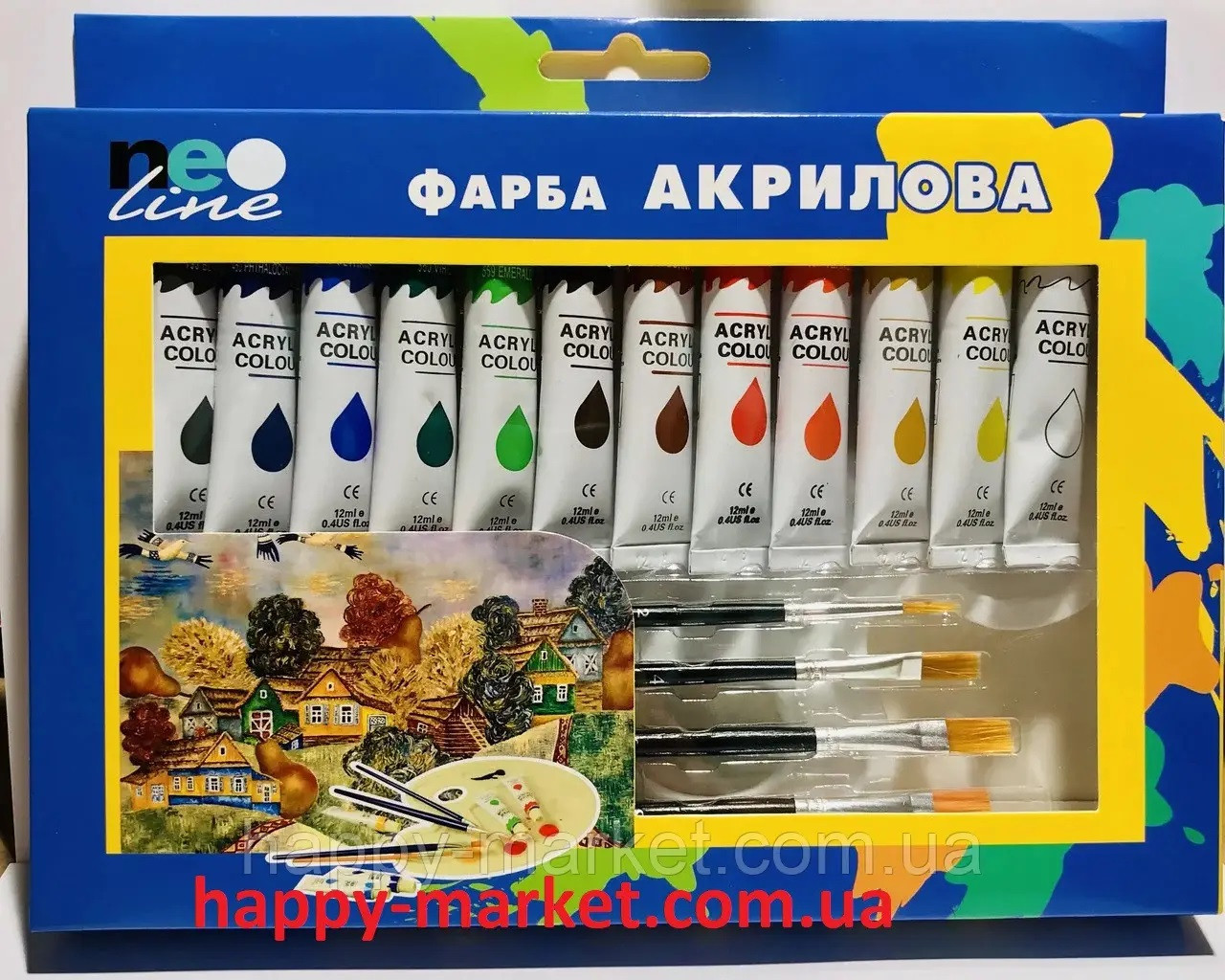Краска акриловая 12 цв. Neo Line № 1812-PAC ( 12мл. / в тубі) + 4 пензлі. + палітра, фото 1