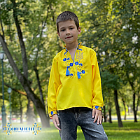 Вишита сорочка для хлопчика 122-164см Волошки+герб. Дитяча вишиванка для хлопчика жовтий, 122