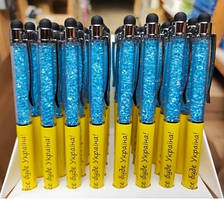 Ручка кулькова поворотна No271-UA Touch pen-Сваровскі кв. камені ЖОВТО-БЛАКІТНА