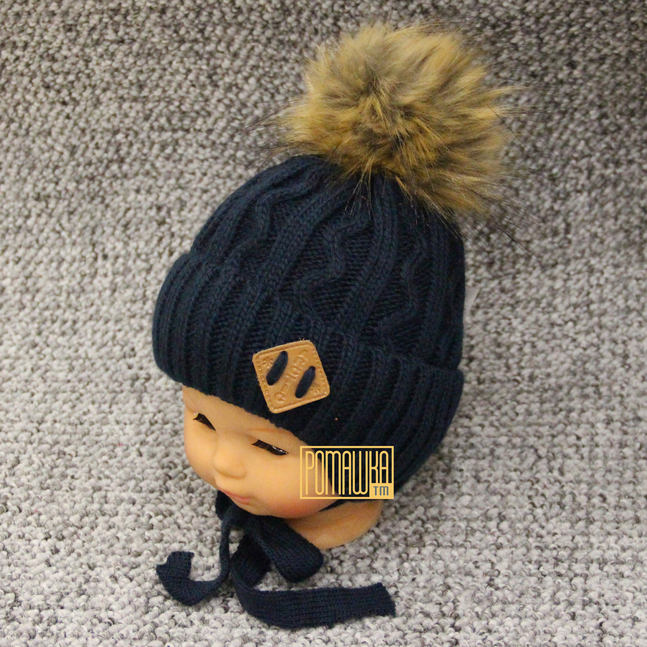 48-52 1-4 роки в'язана зимова шапка для хлопчика на зав'язках з хутряним помпоном 4652 Синій