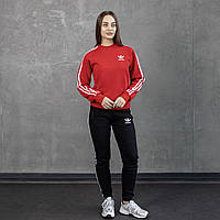 Зимовий спортивний костюм Adidas жіночий на флісі червоний-чорний | Комплект утеплений Світшот + Штани Адідас