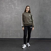 Зимний спортивный костюм Adidas женский на флисе хаки-черный | Комплект утепленный Свитшот + Штаны Адидас