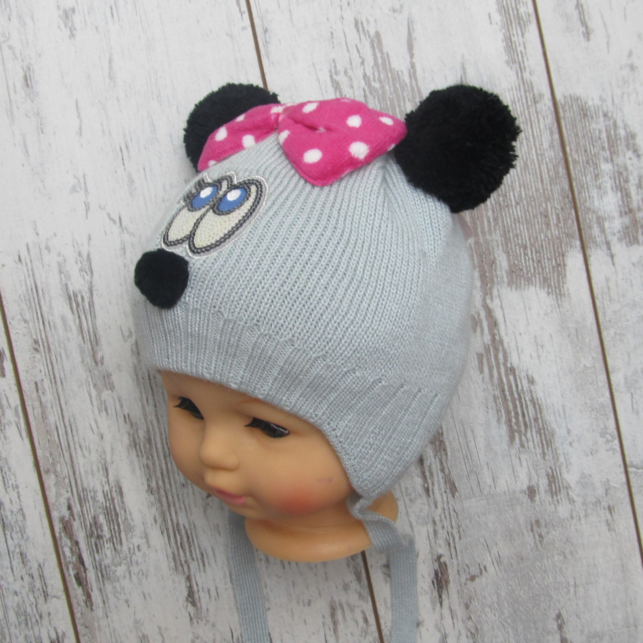 44-46 9-18 міс зимова в'язана шапка для маленької дівчинки на флісі з двома помпонами 3904 Сірий, фото 1