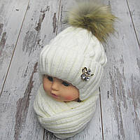 Комплект 46-52 1-4 роки шарф + зимова в'язана шапка для дівчинки з хутряним помпоном з хутра 4549 МЛЧ