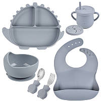 Набор посуды Y18 трехсекционная тарелка Динозавр,поильник,ложка вилка металлические,слюнявчик Серый n-11265