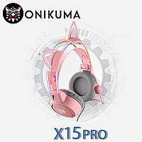Игровые наушники Onikuma X15 с подсветкой, гарнитура для игр с кошачьими ушками Розовая