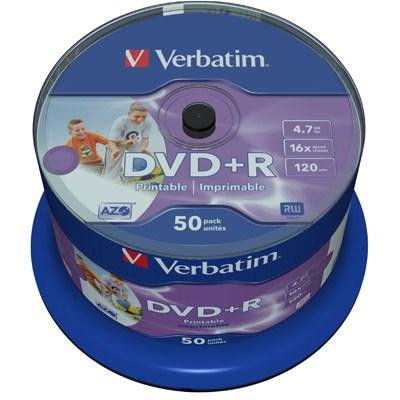 Диски DVD+R Verbatim 4.7Gb 16X CakeBox 50шт Wide inkjet photo Printable (43512)