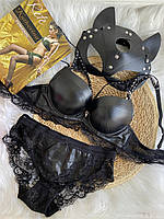 Набор женского нижнего белья 4в1 чашка В чулки маска кошка бюстгальтер и трусики