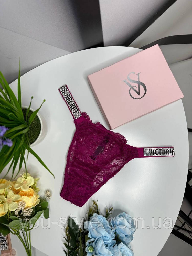 Жіночі труси мереживні бразиліана Victoria's Secrettемно — фіолетові wu086