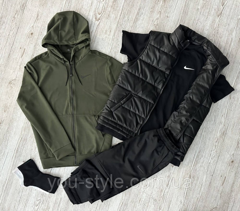 Комплект 5 в 1 Nike кофта на змійці хакі + чорні штані + чорна жилетка + чорна футболка + 2 пари шкарпеток