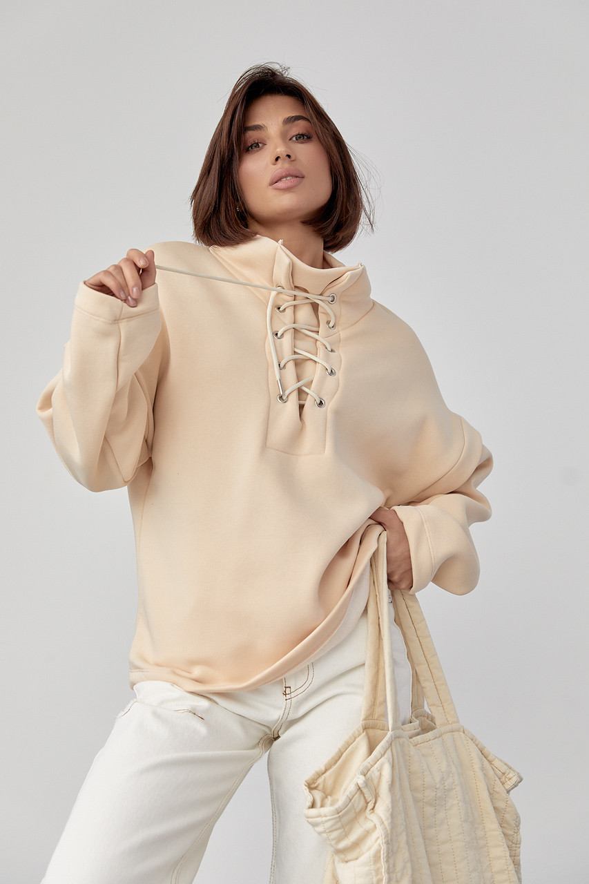 Теплий світшот жіночий зі шнурівкою на горловині — бежевий колір, модель 05141, фото 1