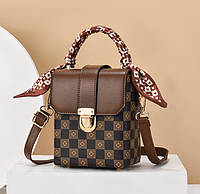 Женская маленькая сумочка бочонок на плечо, мини сумка на замочке Темный с темно-коричневым "Wr"