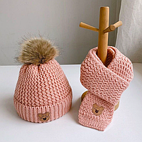 Зимняя детская шапка и шарф розовый для девочек Акриловая вязка