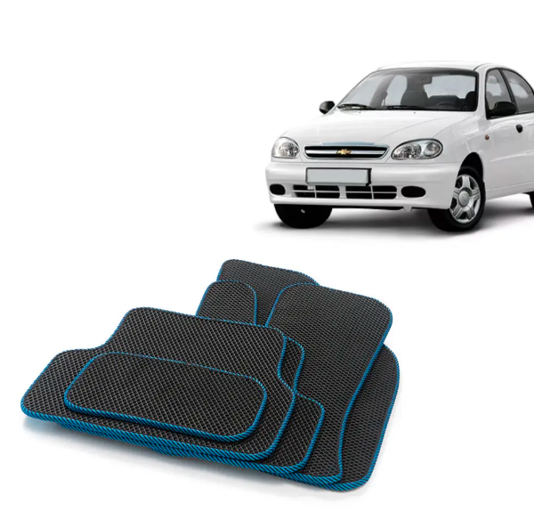 EVA килимки комплект в салон авто Daewoo Lanos 5 шт. / Део Ланос килимок перед / зад з синьою окантовкою, фото 1