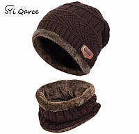 Комплект шапка и хамут (бафф) мужской зимний вязаный на флисе теплый коричневый
