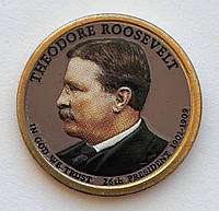 США 1 доллар 2013, 26 Президент Теодор Рузвельт 1901-1909. UNC. Цветная эмаль, естественная патина