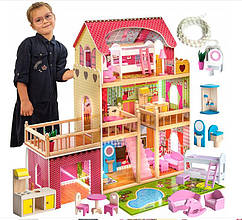 Ляльковий будиночок дерев'яний Kinderplay 90 см + меблі + LED-підсвітка