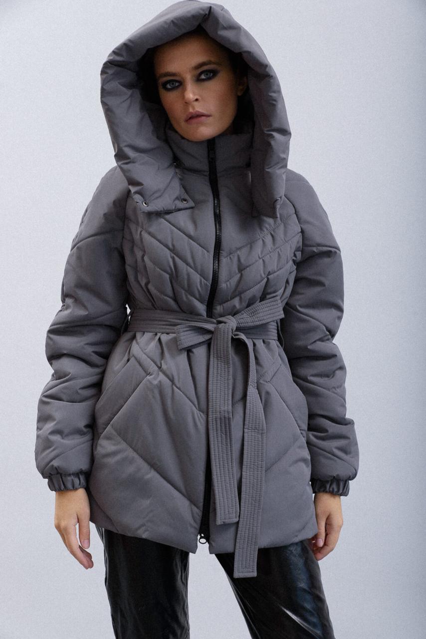 Куртка жіноча пуховик з капюшоном щільна плащівка пояс S сіра, фото 1