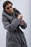 Куртка жіноча пуховик з капюшоном щільна плащівка пояс S сіра, фото 3